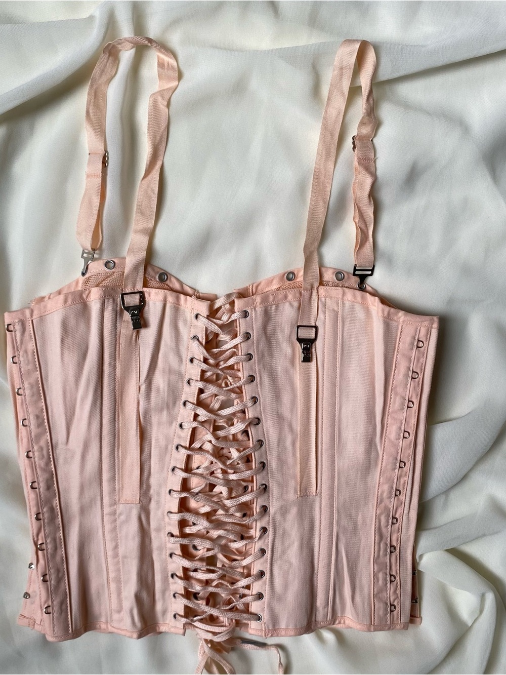Vintage 1950s 60s Peach Merry Widow Bustier Corset Lace Up Boned Coquette Pinup - Picture 4 of 7